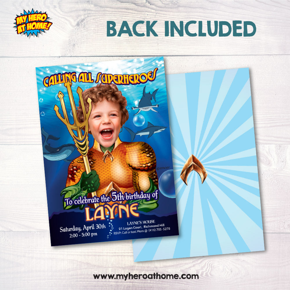 Aquaman Party invitation with kid as Aquaman, Aquaman theme Party, Aquaman themed Birthday. 188IN