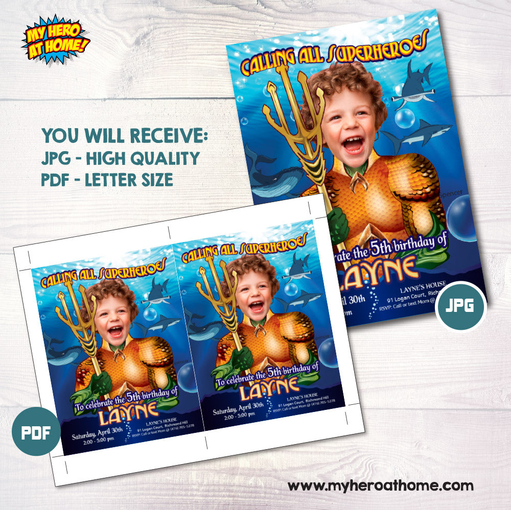 Aquaman Party invitation with kid as Aquaman, Aquaman theme Party, Aquaman themed Birthday. 188IN