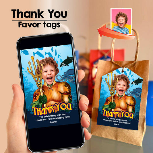 Personalized Aquaman photo favor tags, Aquaman thank you card with kid as the star. 188TY