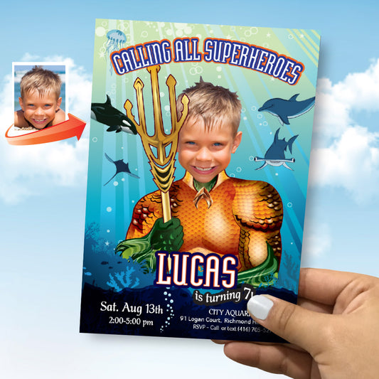 Custom Aquaman party template with kid as his favorite superhero, King of the Seven Seas invite. 189IN
