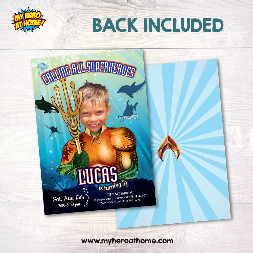 Custom Aquaman party template with kid as his favorite superhero, King of the Seven Seas invite. 189IN