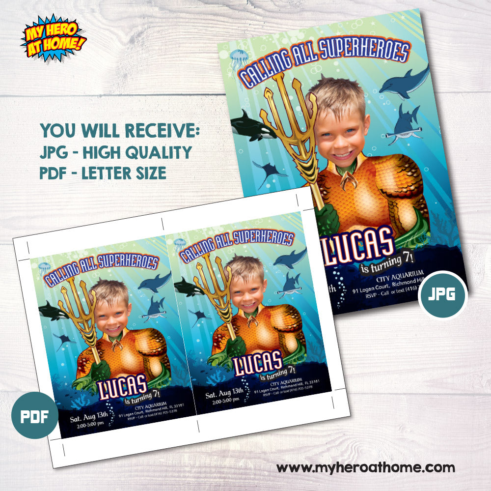Custom Aquaman party template with kid as his favorite superhero, King of the Seven Seas invite. 189IN