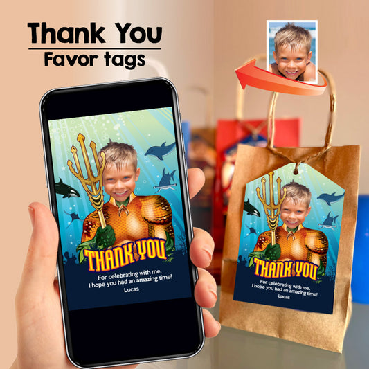Personalized Aquaman thank you for coming with kid as the star, Aquaman custom favor tags. 189TY