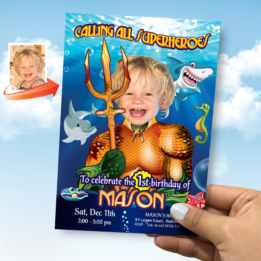 Aquaman 1st Birthday Party invitation with baby as Aquaman, Aquaman 1st themed Birthday. 193IN