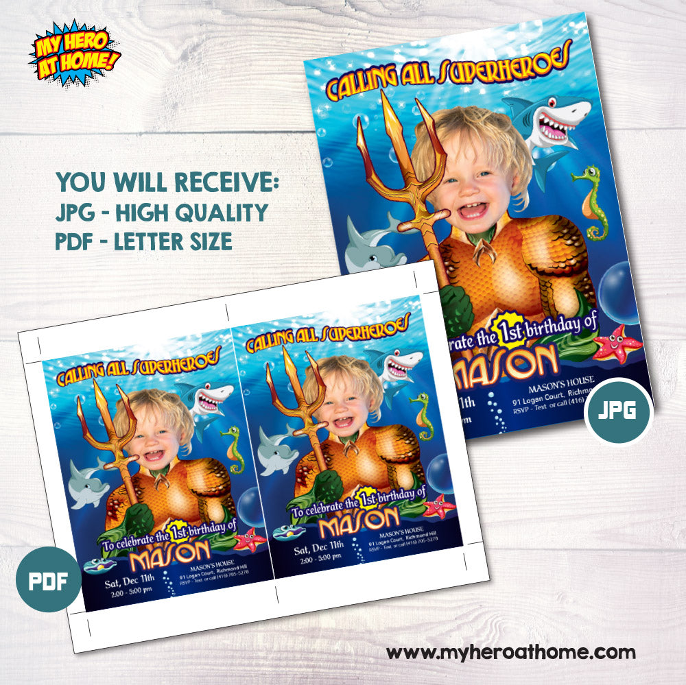 Aquaman 1st Birthday Party invitation with baby as Aquaman, Aquaman 1st themed Birthday. 193IN