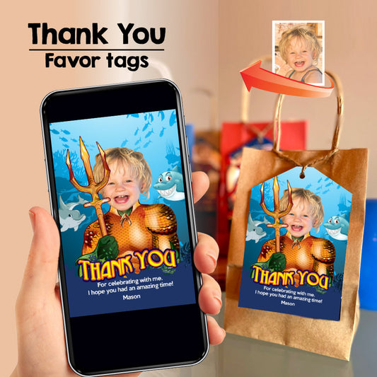 Baby Aquaman thank you for coming to my 1st birthday, Personalized Baby Aquaman favor tags. 193TY