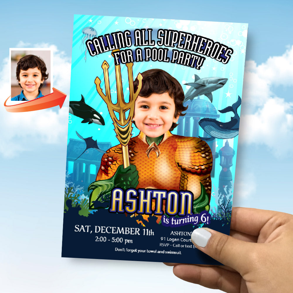 Aquaman Pool Party Invitation with kid as the star, Aquaman Splash party template, Aquaman waterslide invitations. 195IN