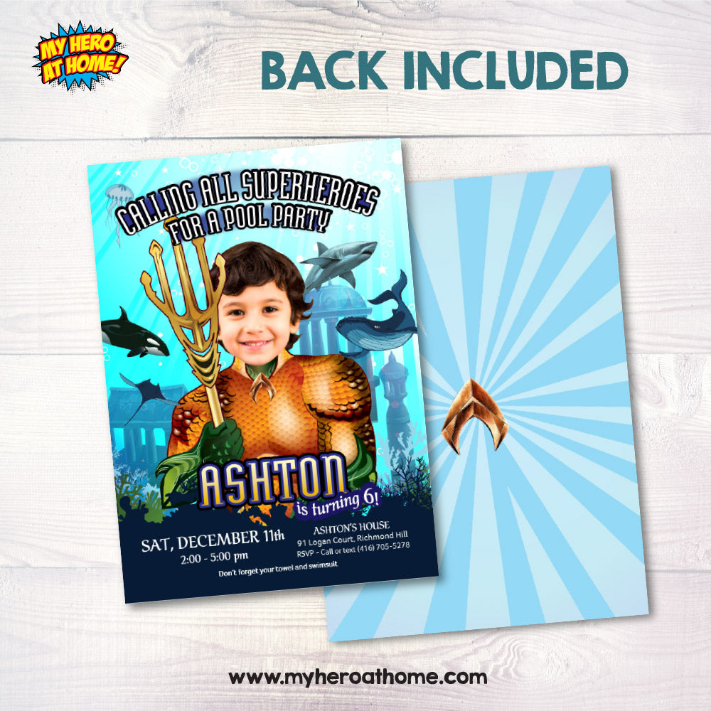 Aquaman Pool Party Invitation with kid as the star, Aquaman Splash party template, Aquaman waterslide invitations. 195IN