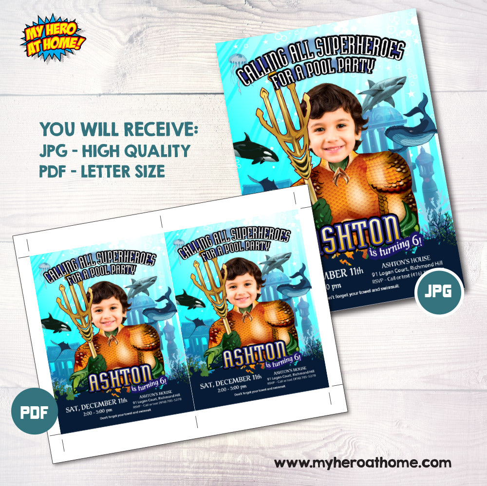 Aquaman Pool Party Invitation with kid as the star, Aquaman Splash party template, Aquaman waterslide invitations. 195IN