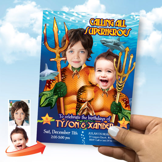 Joint Aquaman Birthday Invitation with kids as Aquaman, Siblings Party Invitation themed Aquaman. 196IN