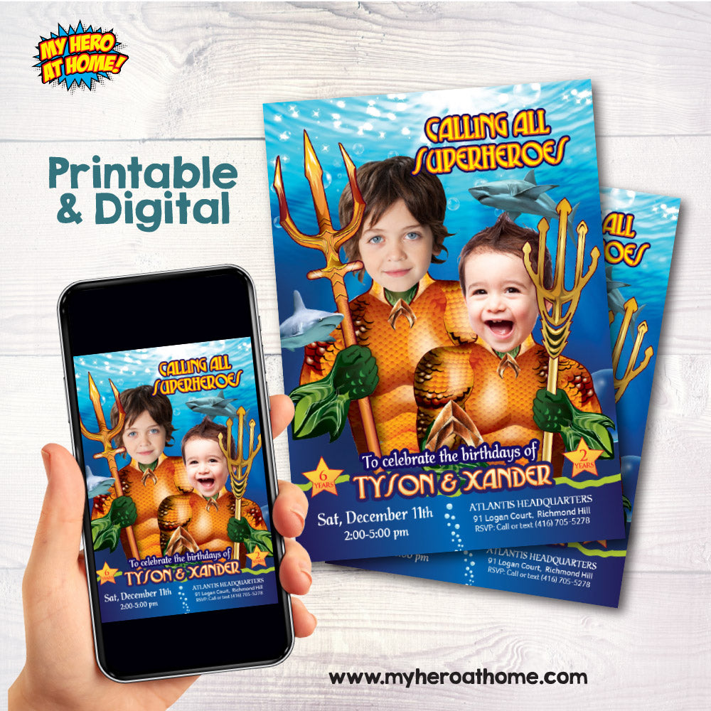 Joint Aquaman Birthday Invitation with kids as Aquaman, Siblings Party Invitation themed Aquaman. 196IN