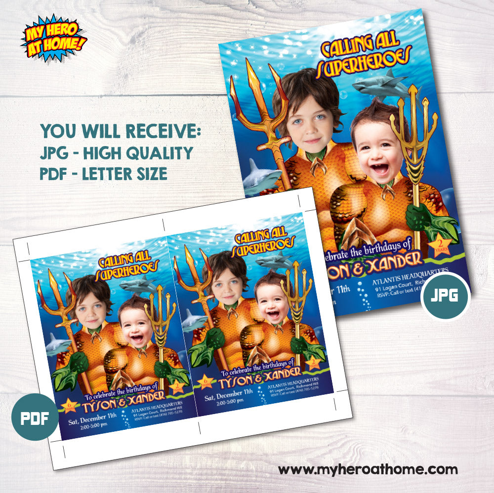Joint Aquaman Birthday Invitation with kids as Aquaman, Siblings Party Invitation themed Aquaman. 196IN