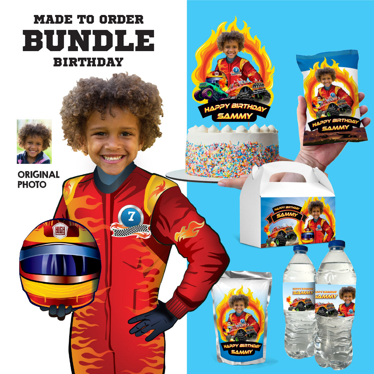 Personalized Monster Truck Birthday Party with kid as the star, Cake Topper, Water Labels. 2000B1
