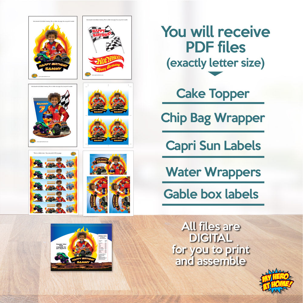 Personalized Monster Truck Birthday Party with kid as the star, Cake Topper, Water Labels. 2000B1