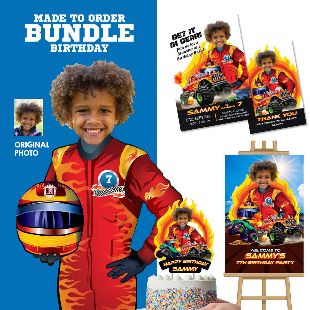 Personalized Monster Truck Birthday Party Bundle with kid as star, Invitation, Cake, Welcome. 2000B2