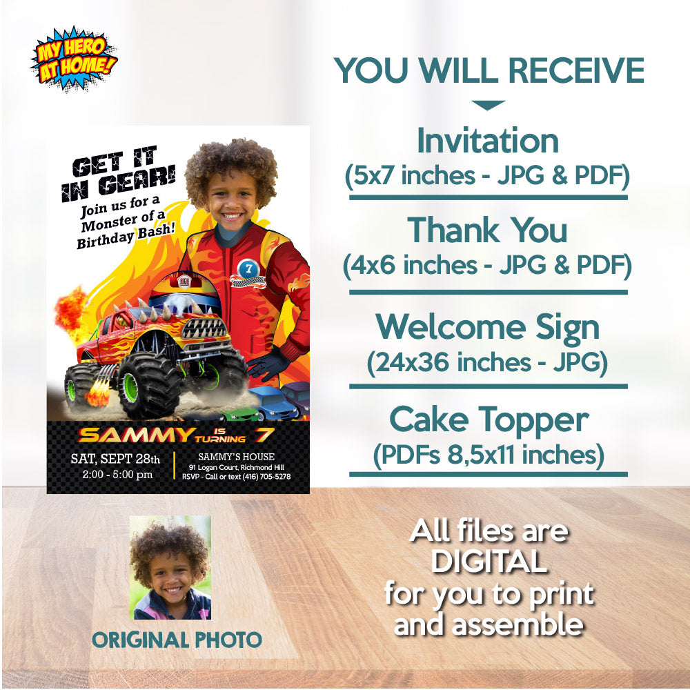 Personalized Monster Truck Birthday Party Bundle with kid as star, Invitation, Cake, Welcome. 2000B2