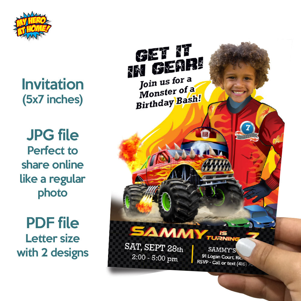 Personalized Monster Truck Birthday Party Bundle with kid as star, Invitation, Cake, Welcome. 2000B2