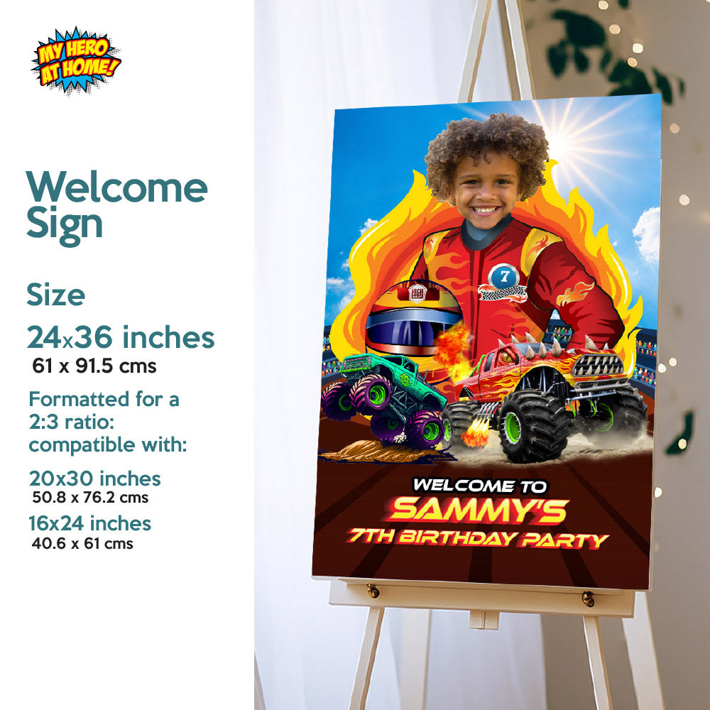 Personalized Monster Truck Birthday Party Bundle with kid as star, Invitation, Cake, Welcome. 2000B2