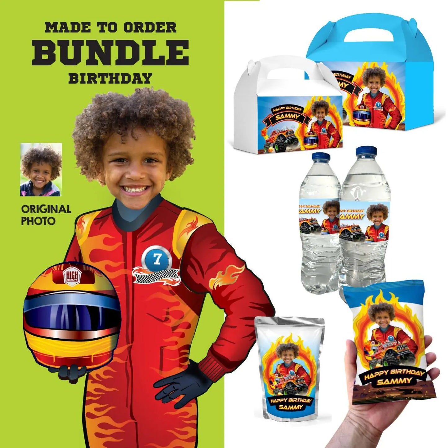Personalized Monster Truck Party Snack Bundle with birthday boy as the star. 2000B3