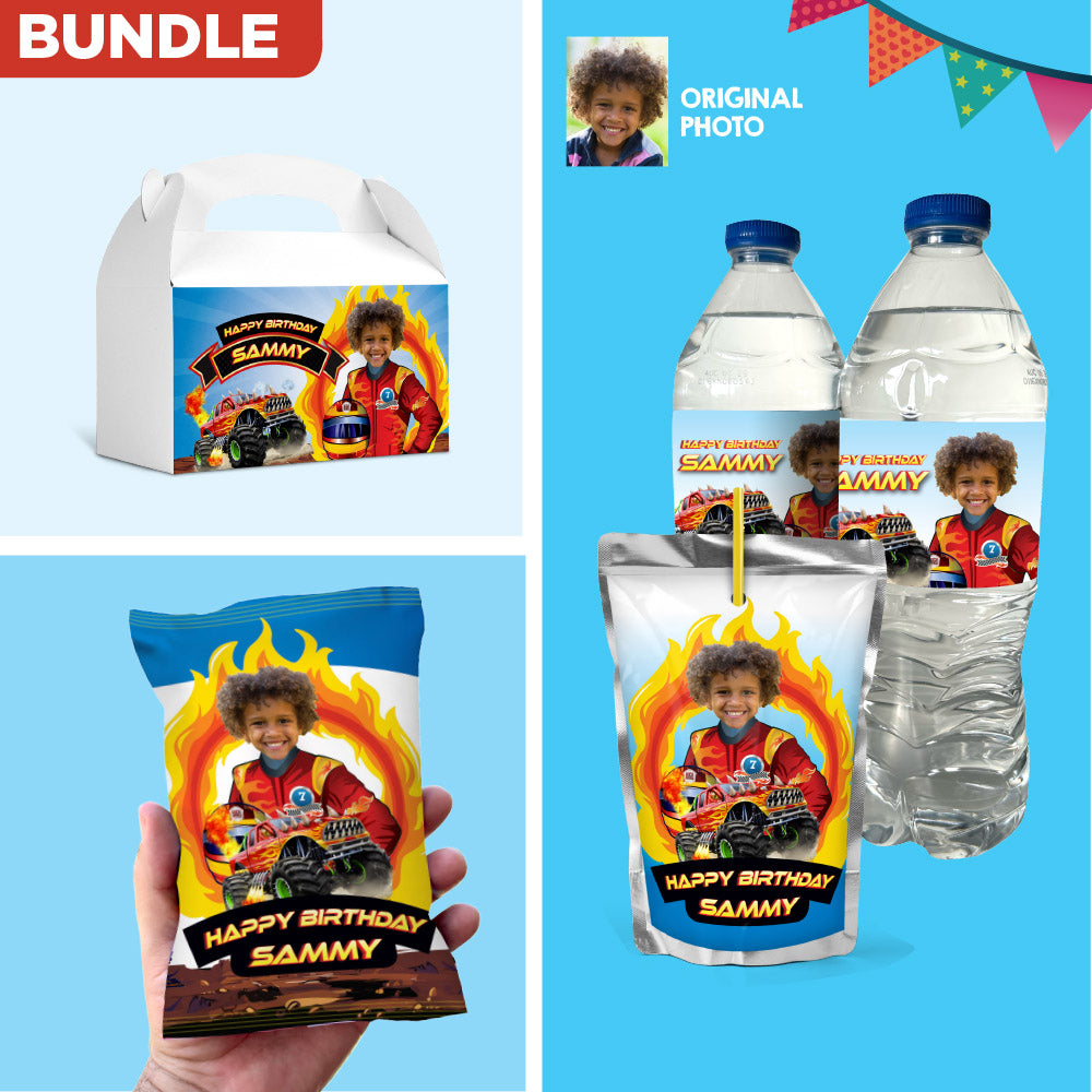 Personalized Monster Truck Party Snack Bundle with birthday boy as the star. 2000B3