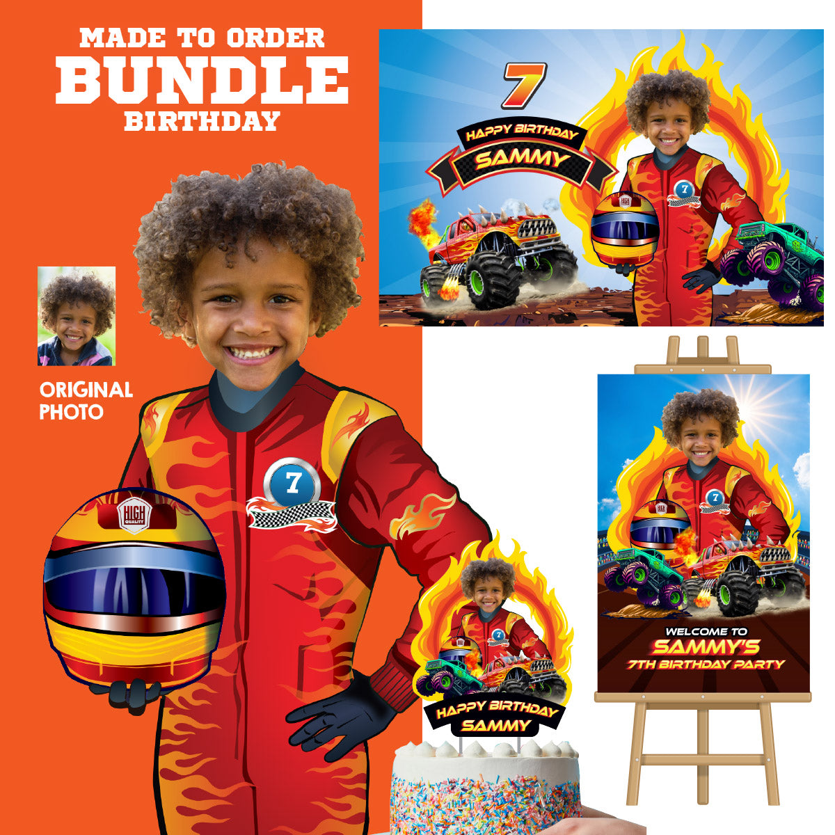 Personalized Monster Truck Birthday Party Decor Bundle with birthday boy as the driver. 2000B4