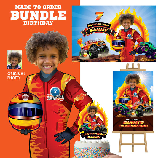 Personalized Monster Truck Birthday Party Decor Bundle with birthday boy as the driver. 2000B4
