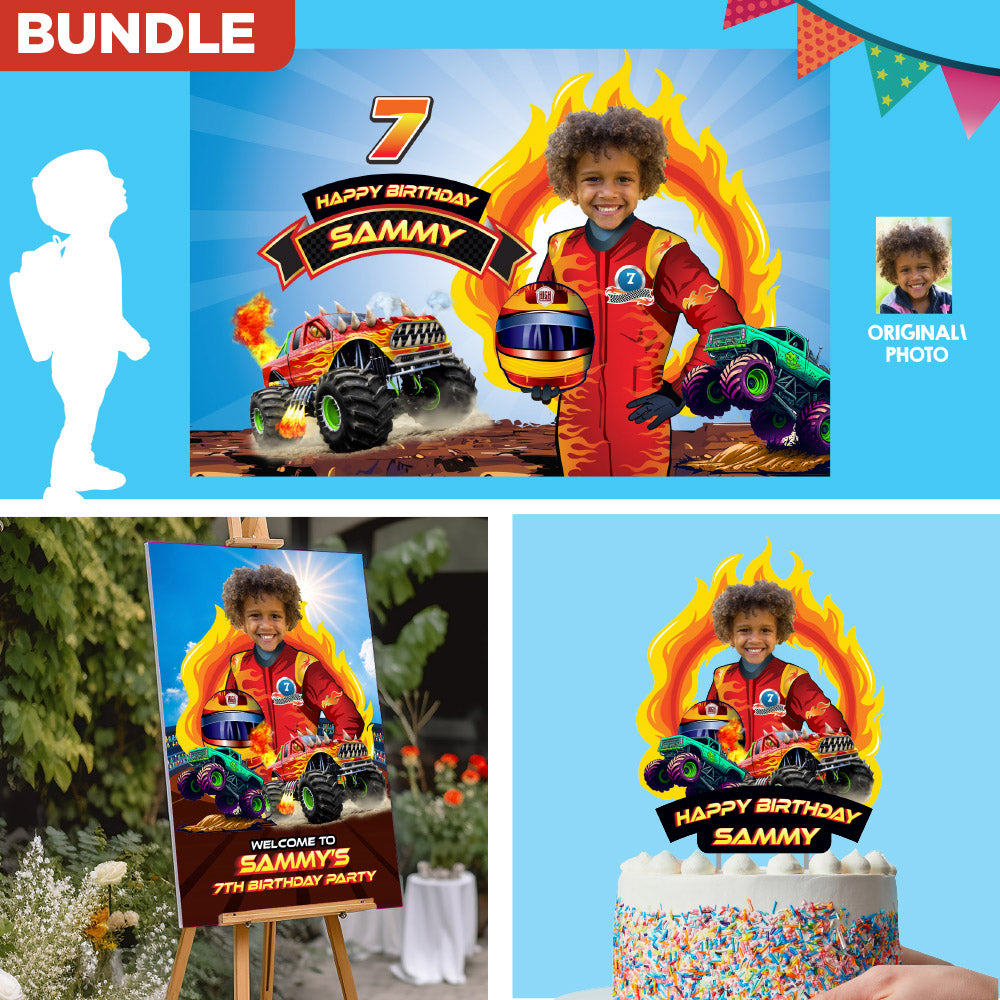 Personalized Monster Truck Birthday Party Decor Bundle with birthday boy as the driver. 2000B4