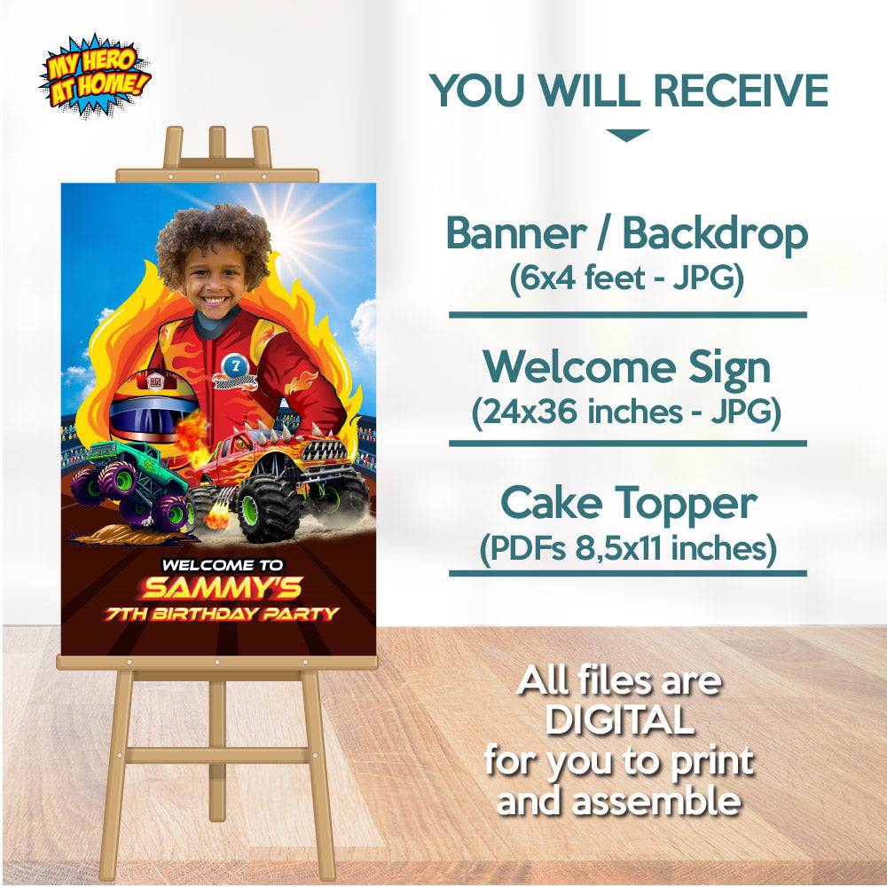 Personalized Monster Truck Birthday Party Decor Bundle with birthday boy as the driver. 2000B4