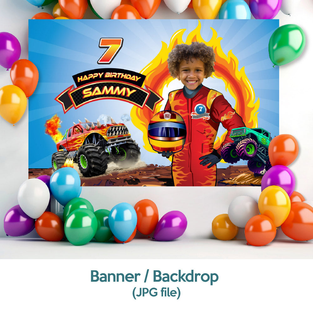 Personalized Monster Truck Birthday Party Decor Bundle with birthday boy as the driver. 2000B4