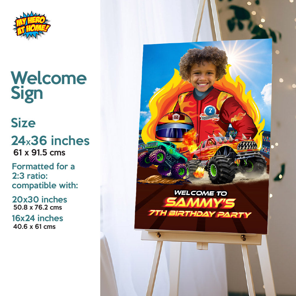 Personalized Monster Truck Birthday Party Decor Bundle with birthday boy as the driver. 2000B4