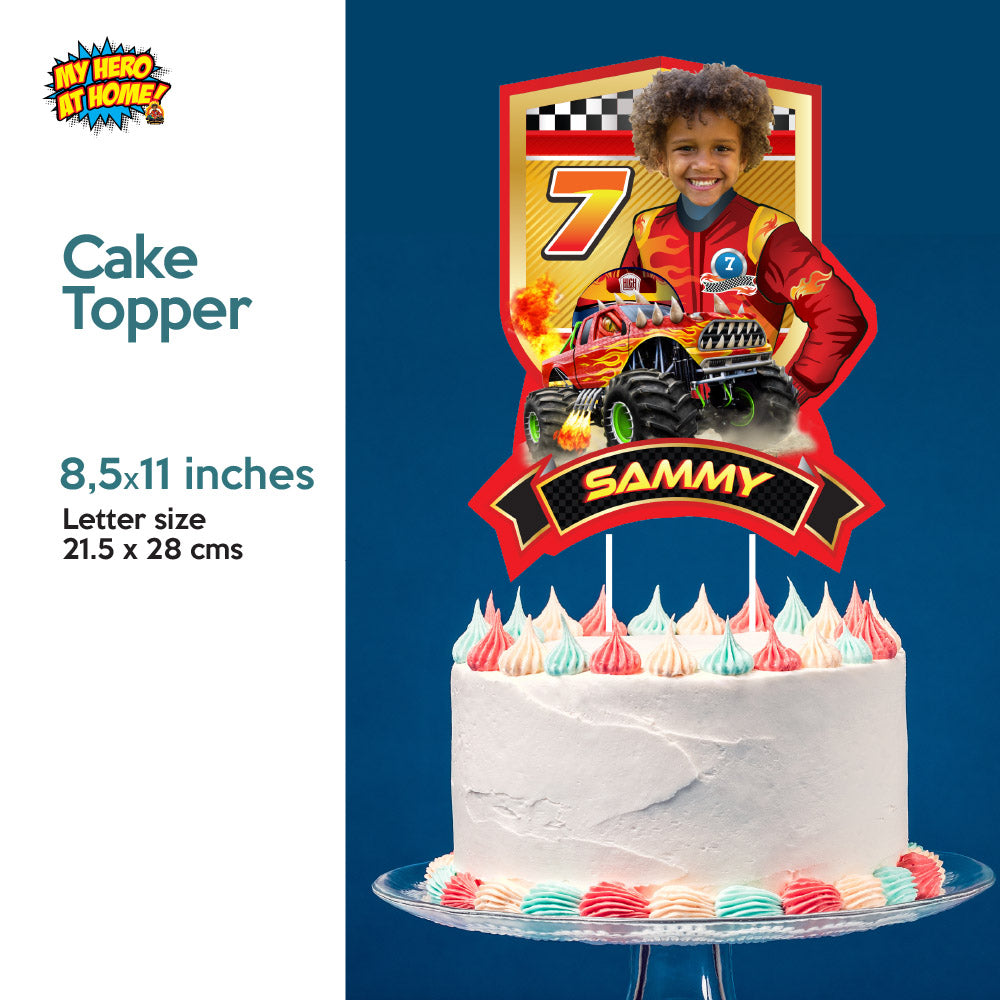 Personalized Monster Truck Birthday Party Decor Bundle with birthday boy as the driver. 2000B4