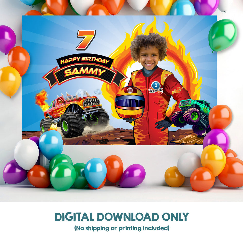 Customized Monster Truck Banner with birthday boy as the star, Monster Jam Backdrop 2000BB