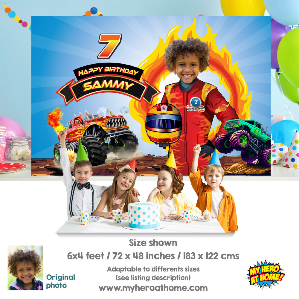 Customized Monster Truck Banner with birthday boy as the star, Monster Jam Backdrop 2000BB