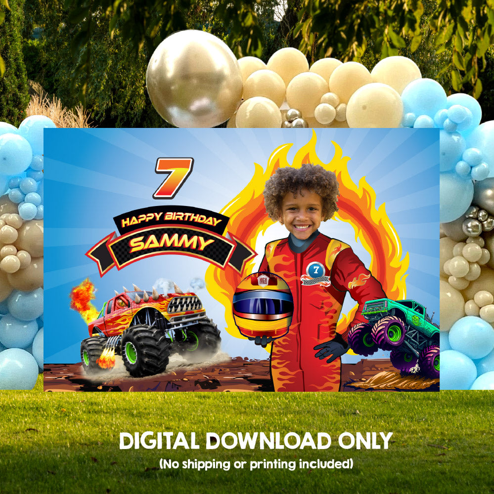 Customized Monster Truck Banner with birthday boy as the star, Monster Jam Backdrop 2000BB