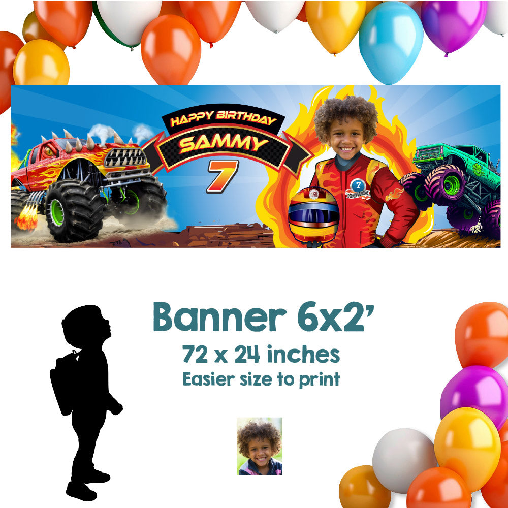 Monster Truck birthday party banner decoration with your child as the star. (6x2', Horizontal). 2000BBH