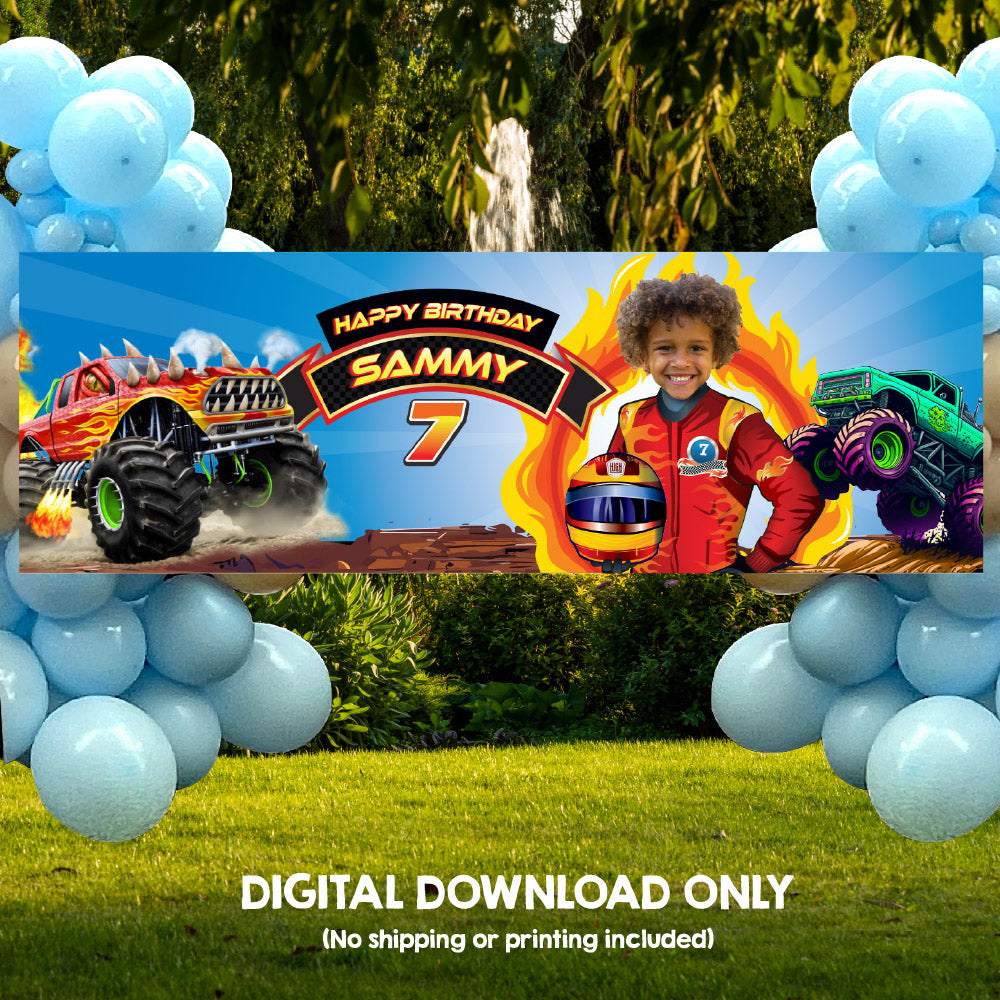 Monster Truck birthday party banner decoration with your child as the star. (6x2', Horizontal). 2000BBH