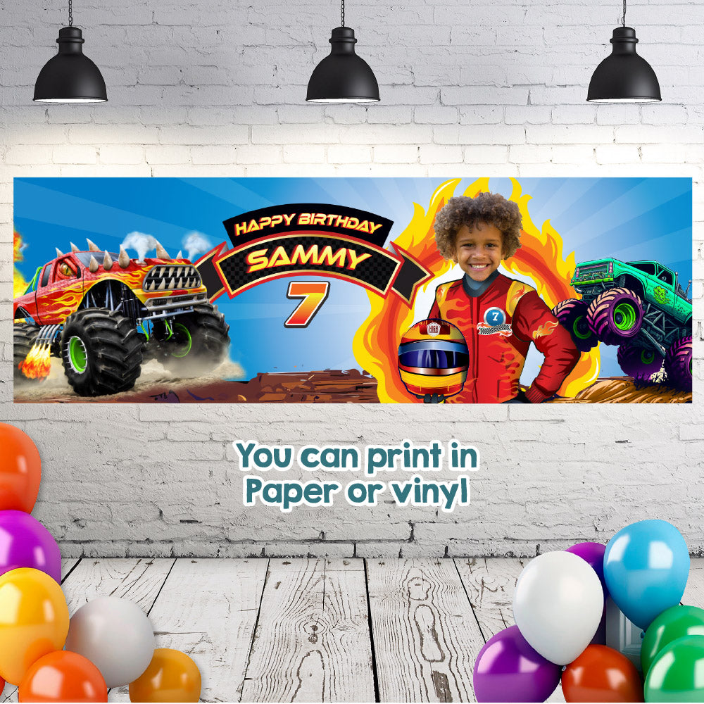 Monster Truck birthday party banner decoration with your child as the star. (6x2', Horizontal). 2000BBH