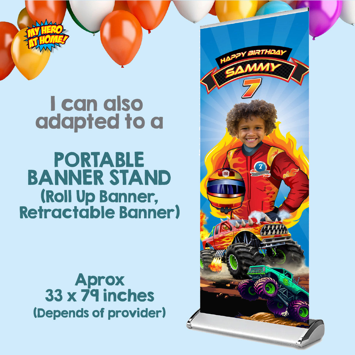 Monster Truck birthday banner with boy as the star. (2x6', Portrait, vertical ). 2000BBV