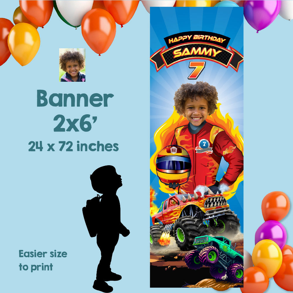 Monster Truck birthday banner with boy as the star. (2x6', Portrait, vertical ). 2000BBV