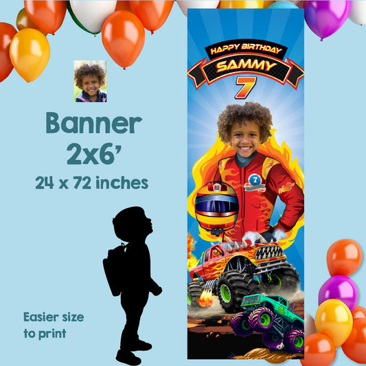 Monster Truck birthday banner with boy as the star. (2x6', Portrait, vertical ). 2000BBV