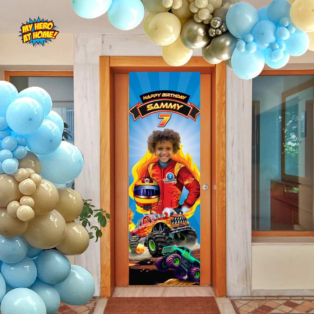 Monster Truck birthday banner with boy as the star. (2x6', Portrait, vertical ). 2000BBV