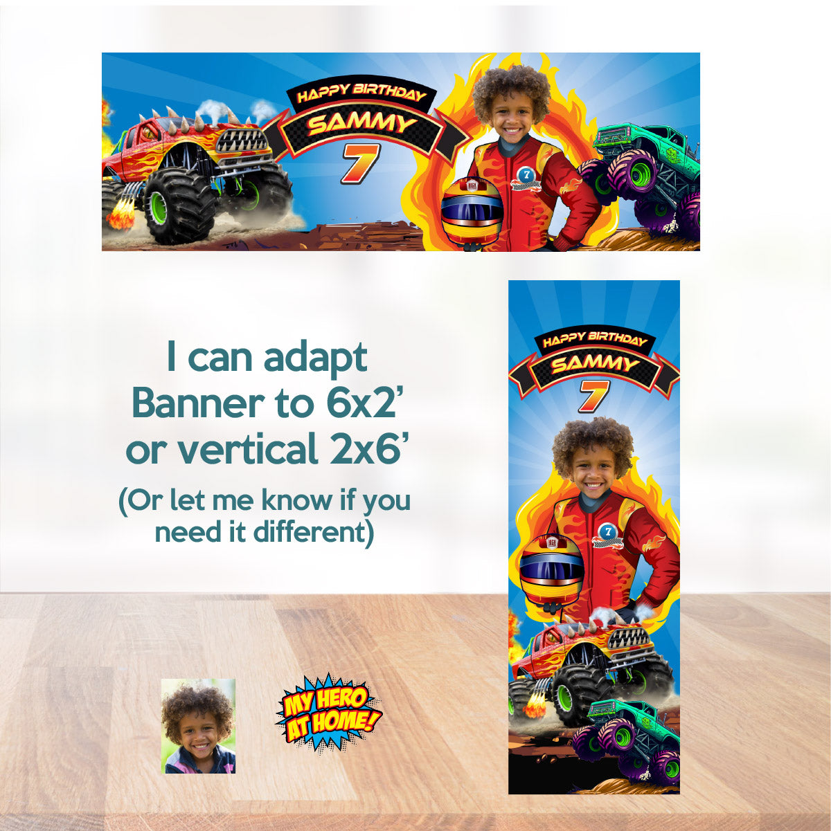 Personalized Monster Truck Birthday Party Decor Bundle with birthday boy as the driver. 2000B4