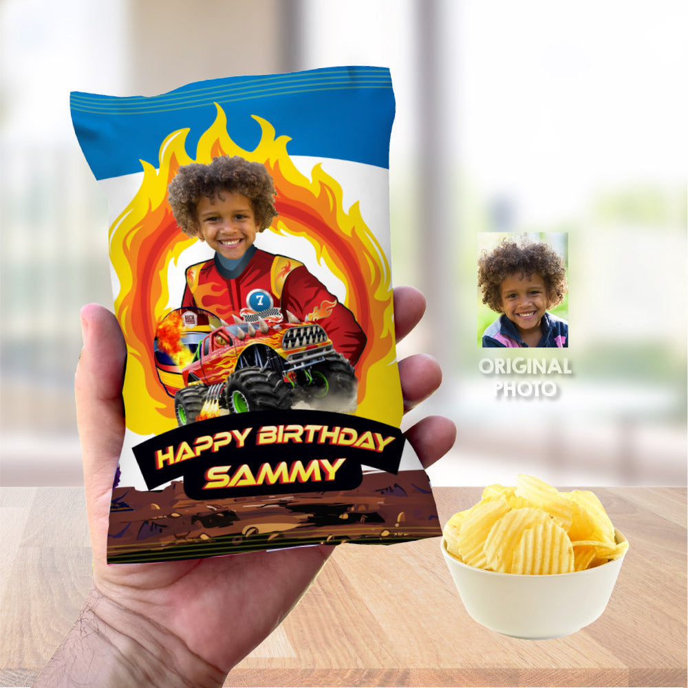 Personalized Monster Truck Chip Bag Wrapper Featuring Child as the Driver. 2000CB