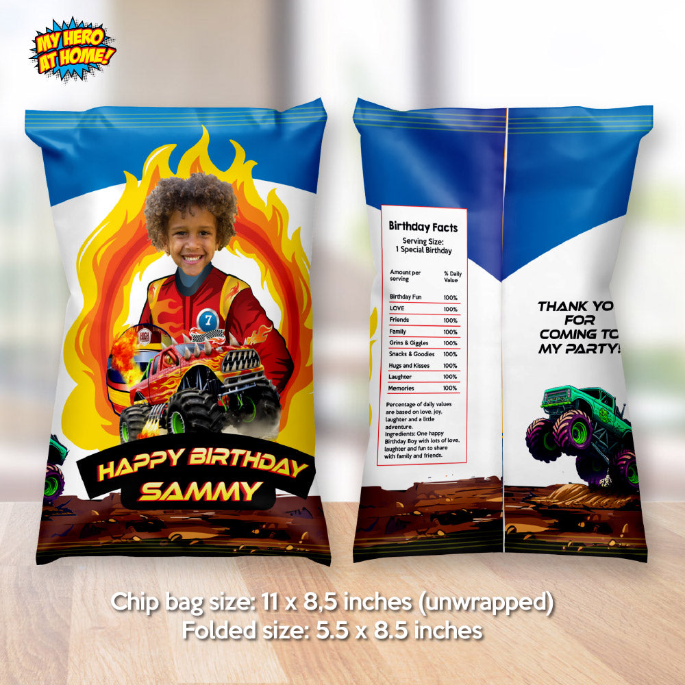 Personalized Monster Truck Chip Bag Wrapper Featuring Child as the Driver. 2000CB