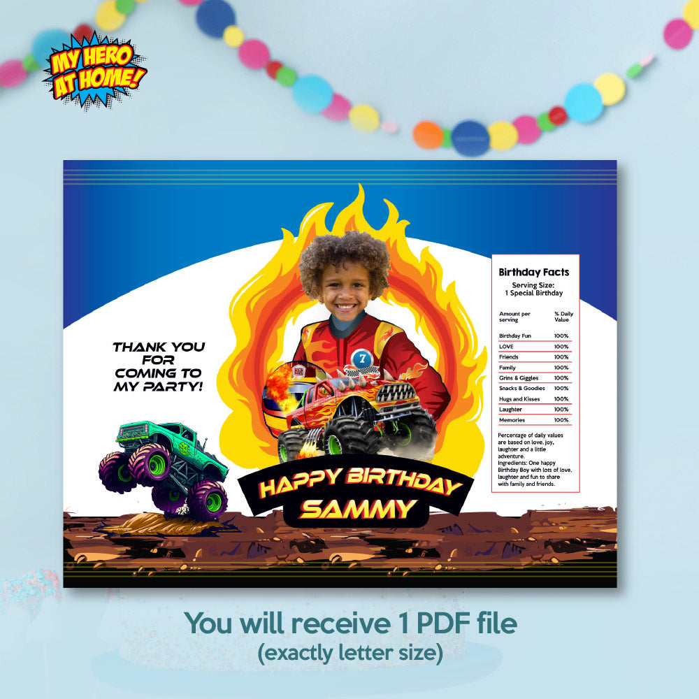 Personalized Monster Truck Chip Bag Wrapper Featuring Child as the Driver. 2000CB