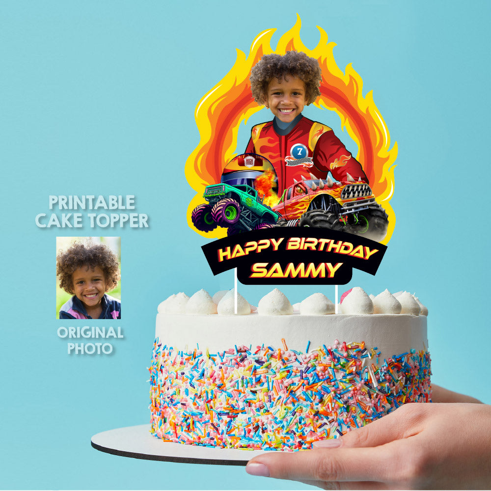 Personalized Monster Truck Birthday Party with kid as the star, Cake Topper, Water Labels. 2000B1