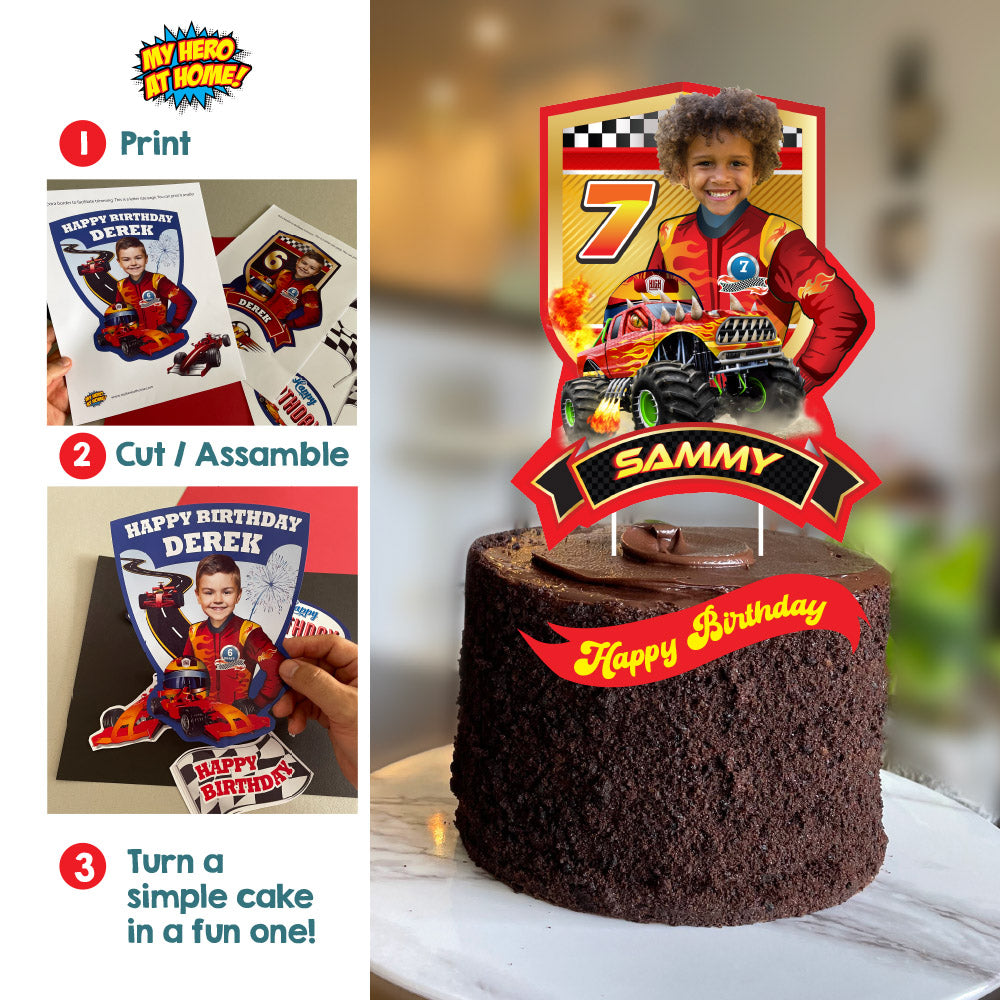 Personalized Monster Truck Cake topper Featuring Child as the star driver (printable). 2000CT