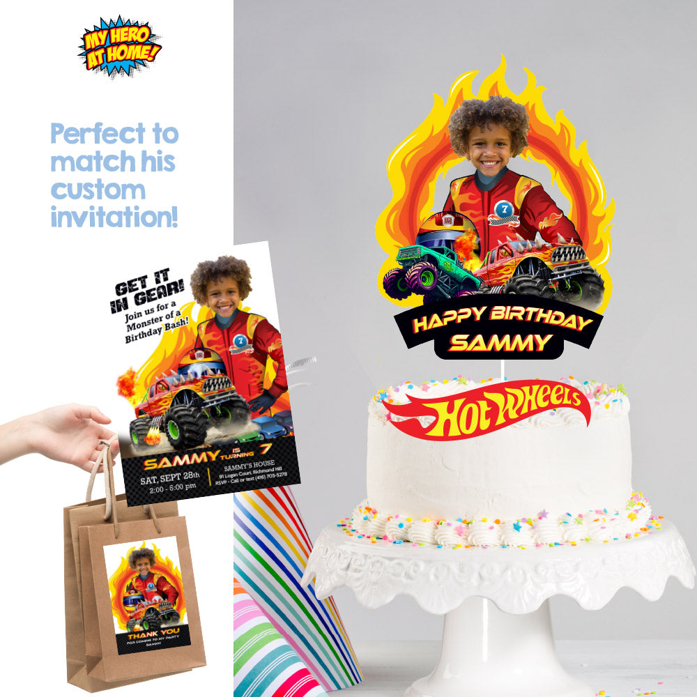 Personalized Monster Truck Cake topper Featuring Child as the star driver (printable). 2000CT