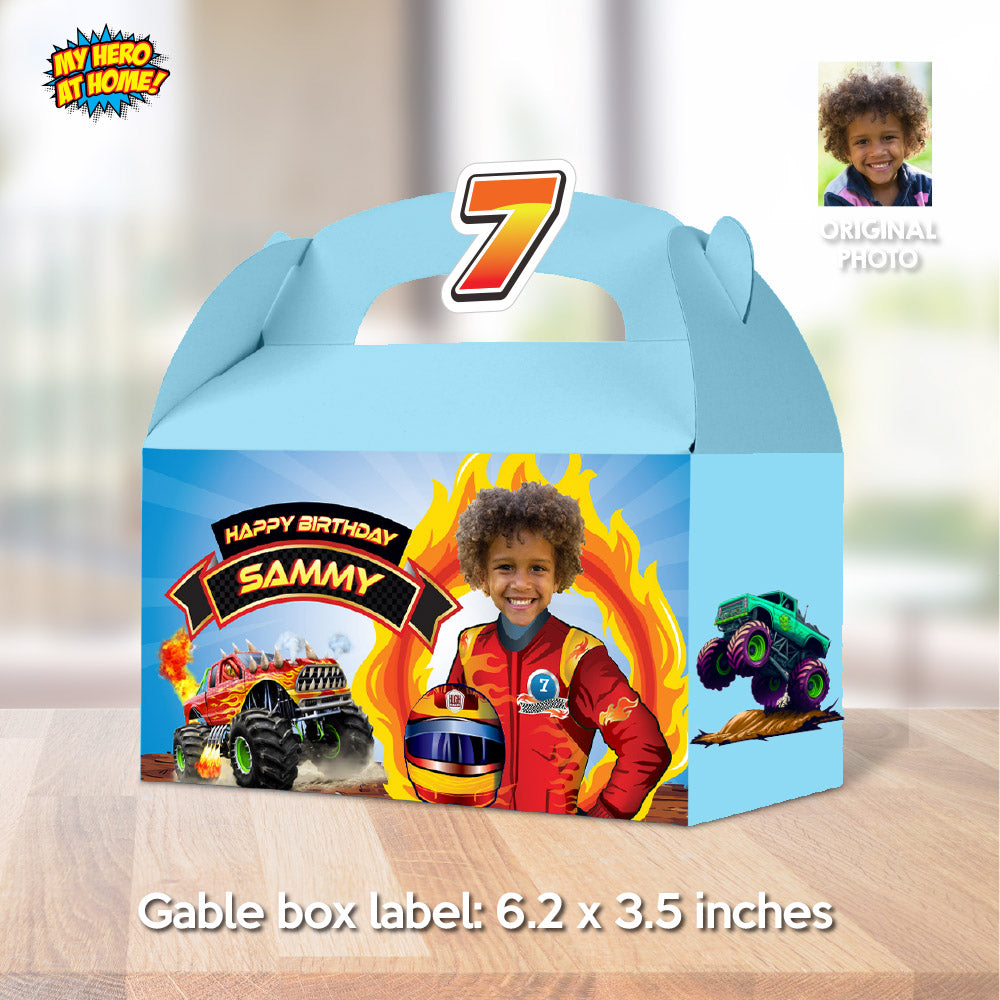 Personalized Monster Truck Gable Box Label with Birthday Child as the Star. 2000GB