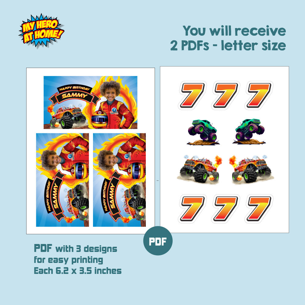Personalized Monster Truck Gable Box Label with Birthday Child as the Star. 2000GB